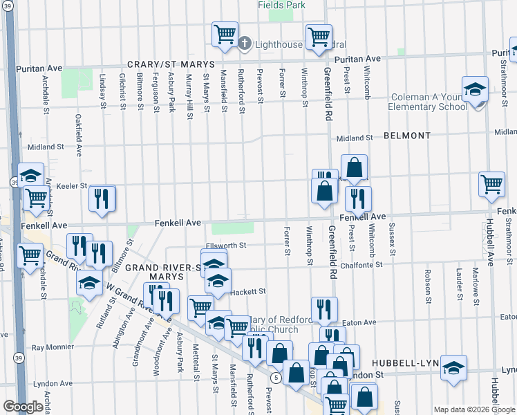 map of restaurants, bars, coffee shops, grocery stores, and more near 15323 Prevost Street in Detroit