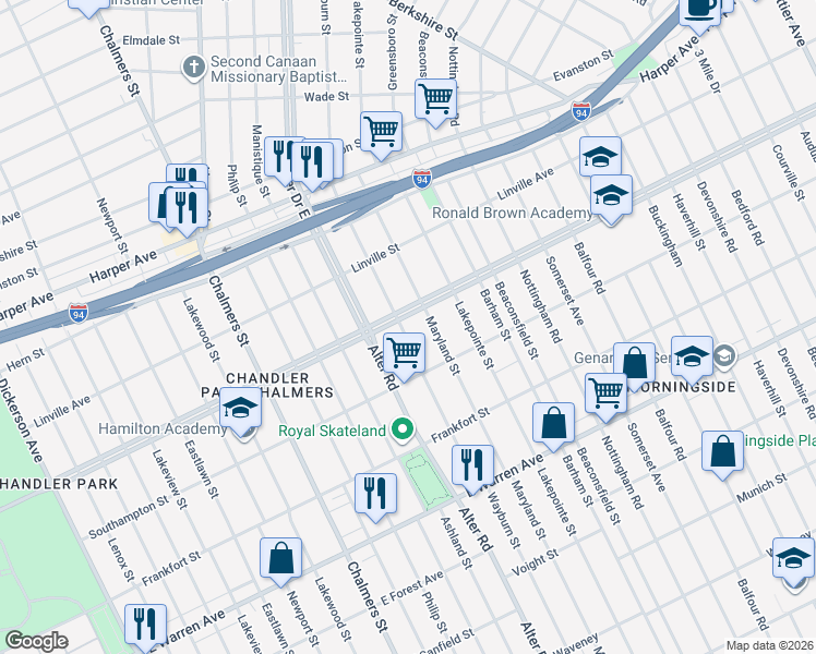 map of restaurants, bars, coffee shops, grocery stores, and more near 5594 Wayburn Street in Detroit