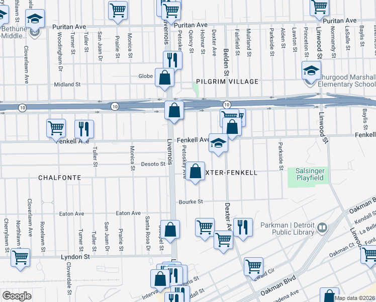 map of restaurants, bars, coffee shops, grocery stores, and more near 15102 Petoskey Avenue in Detroit