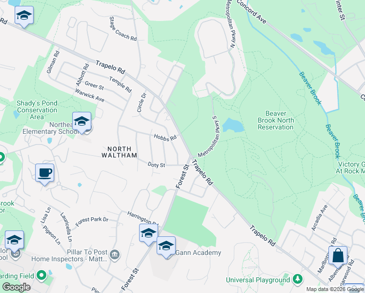 map of restaurants, bars, coffee shops, grocery stores, and more near 534 Trapelo Road in Waltham
