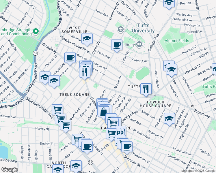 map of restaurants, bars, coffee shops, grocery stores, and more near 1043 Broadway in Somerville