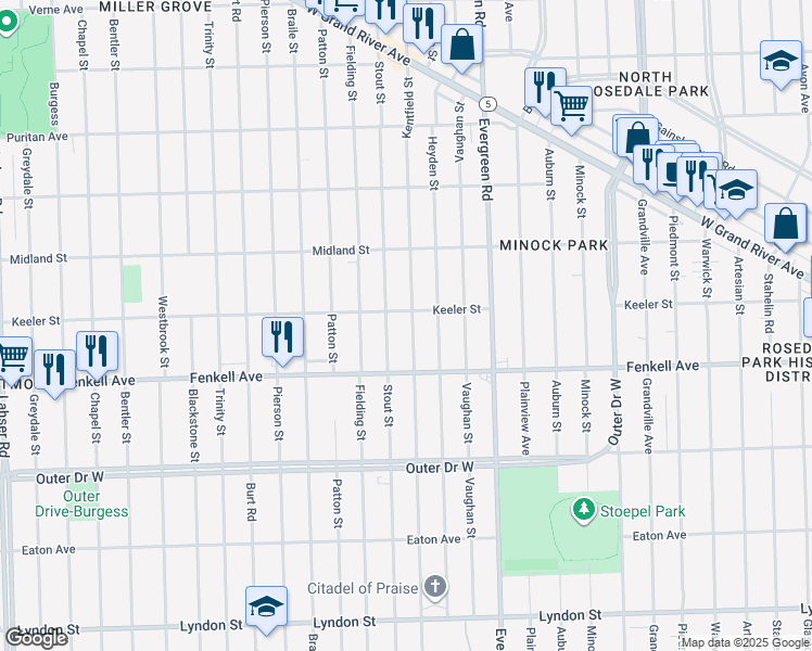 map of restaurants, bars, coffee shops, grocery stores, and more near 15361 Kentfield Street in Detroit