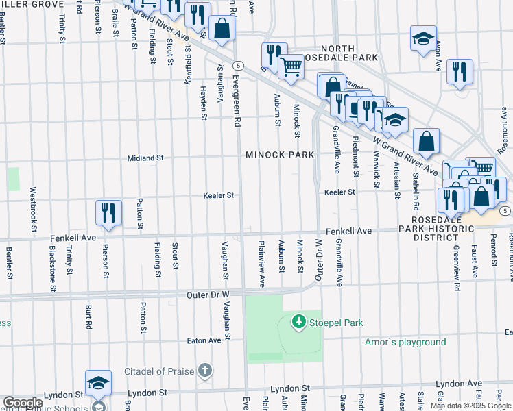 map of restaurants, bars, coffee shops, grocery stores, and more near 15391 Plainview Avenue in Detroit