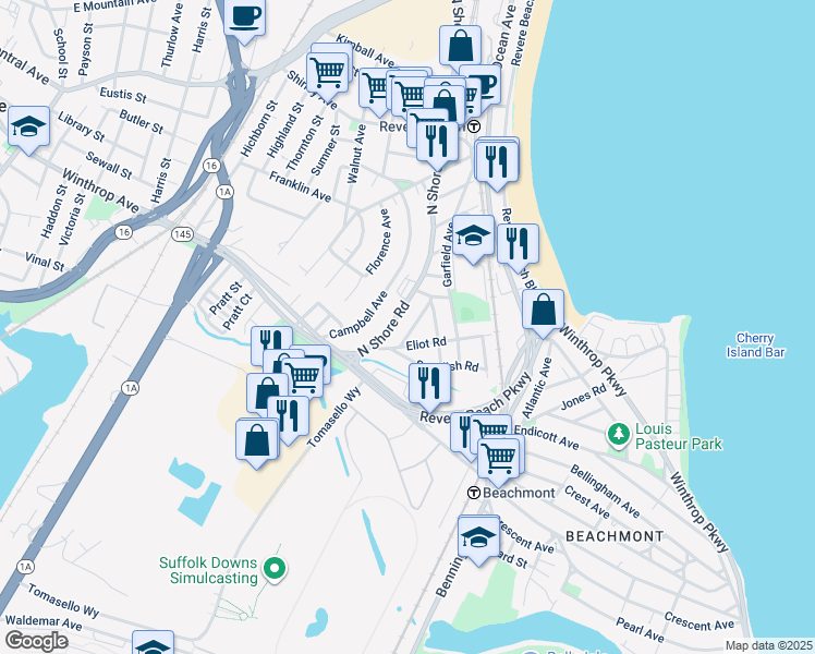 map of restaurants, bars, coffee shops, grocery stores, and more near 37 Clark Road in Revere