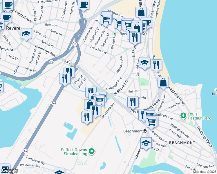 map of restaurants, bars, coffee shops, grocery stores, and more near 24 Campbell Avenue in Revere
