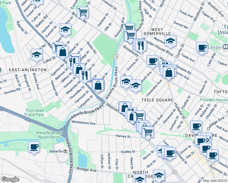 map of restaurants, bars, coffee shops, grocery stores, and more near 24 Alewife Brook Parkway in Cambridge