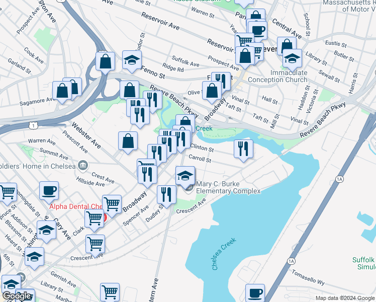 map of restaurants, bars, coffee shops, grocery stores, and more near 471 Eastern Avenue in Chelsea