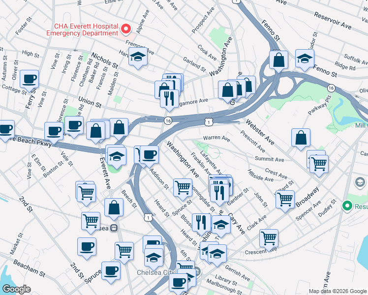 map of restaurants, bars, coffee shops, grocery stores, and more near 146 Franklin Avenue in Chelsea