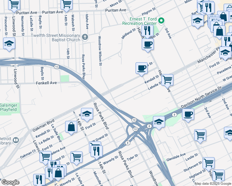 map of restaurants, bars, coffee shops, grocery stores, and more near 14100 Woodrow Wilson Street in Detroit