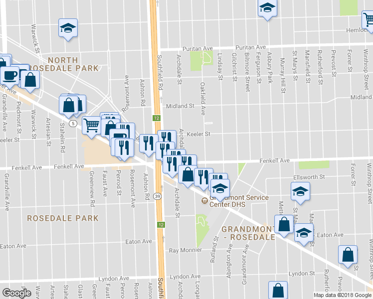map of restaurants, bars, coffee shops, grocery stores, and more near 15338 Archdale Street in Detroit