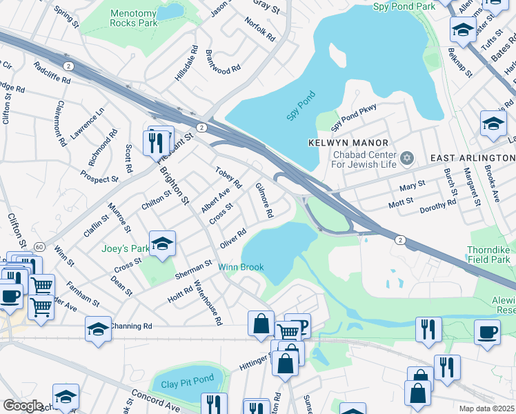 map of restaurants, bars, coffee shops, grocery stores, and more near 20 Little Pond Road in Belmont