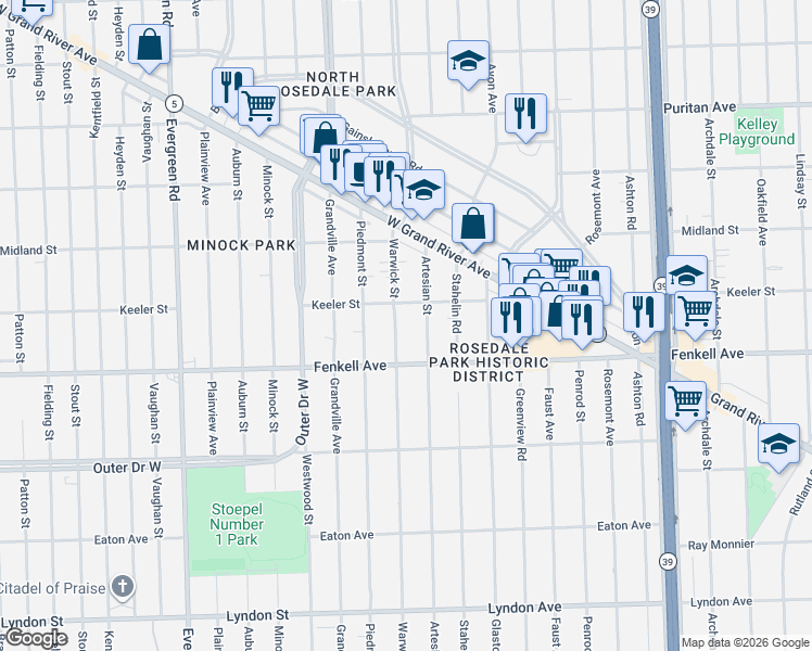 map of restaurants, bars, coffee shops, grocery stores, and more near 15351 Warwick Street in Detroit