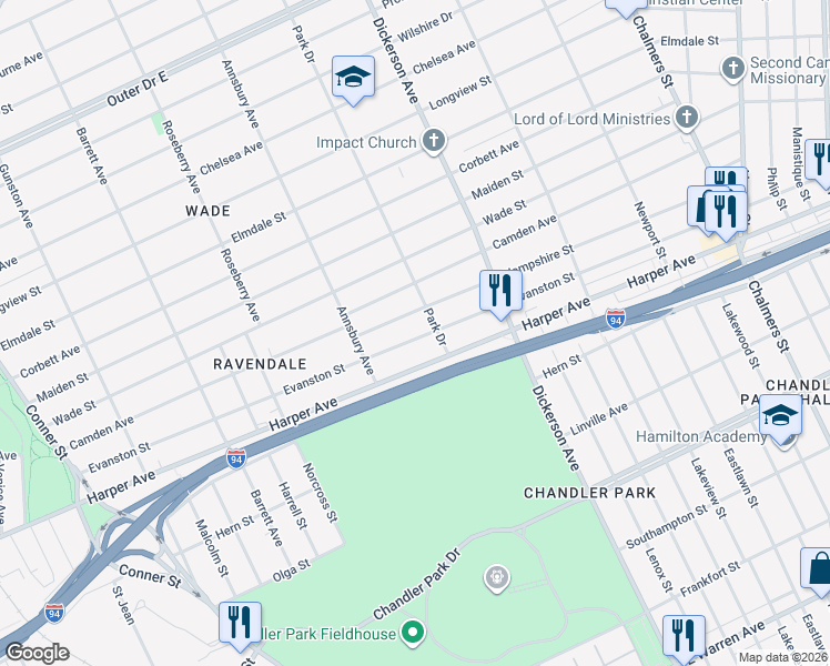 map of restaurants, bars, coffee shops, grocery stores, and more near 12605 Evanston Street in Detroit