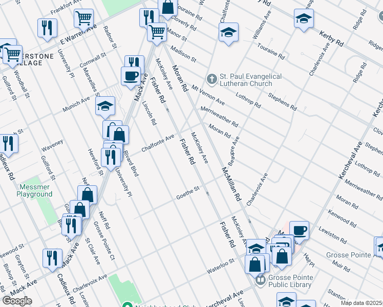 map of restaurants, bars, coffee shops, grocery stores, and more near 348 Fisher Road in Grosse Pointe Farms