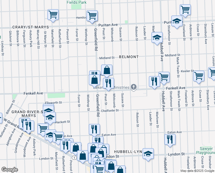 map of restaurants, bars, coffee shops, grocery stores, and more near 15316 Prest Street in Detroit