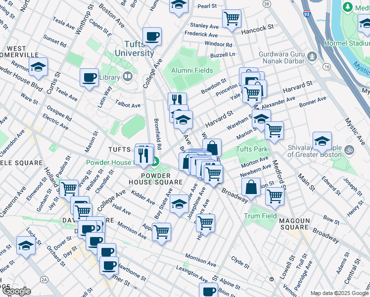 map of restaurants, bars, coffee shops, grocery stores, and more near 601 Boston Avenue in Medford