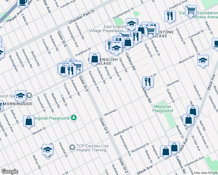 map of restaurants, bars, coffee shops, grocery stores, and more near 4470 Yorkshire Road in Detroit