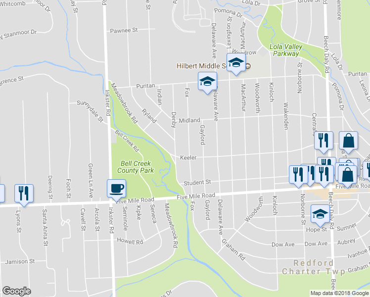 map of restaurants, bars, coffee shops, grocery stores, and more near 15531 Fox in Redford Charter Township