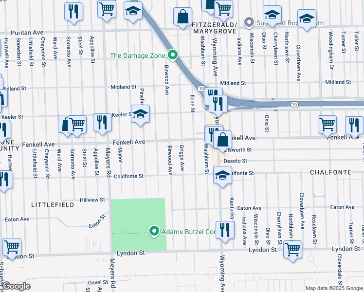 map of restaurants, bars, coffee shops, grocery stores, and more near Griggs Avenue in Detroit