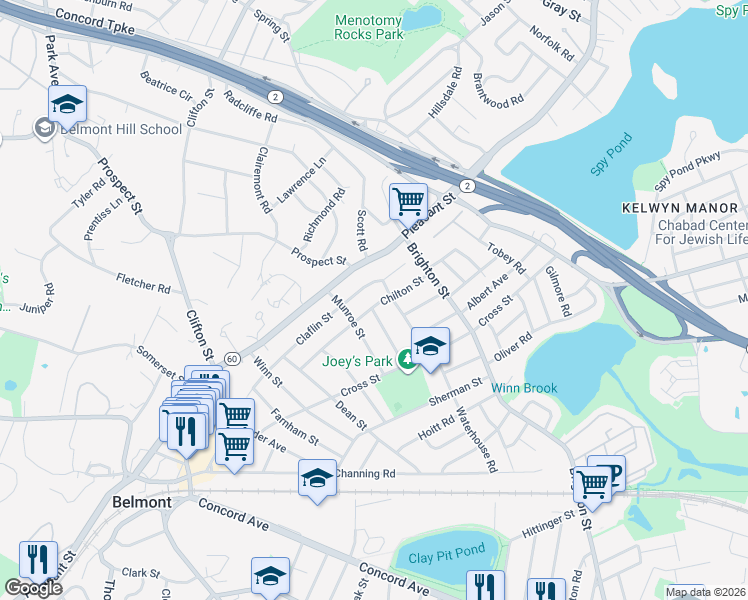 map of restaurants, bars, coffee shops, grocery stores, and more near 55 Chilton Street in Belmont