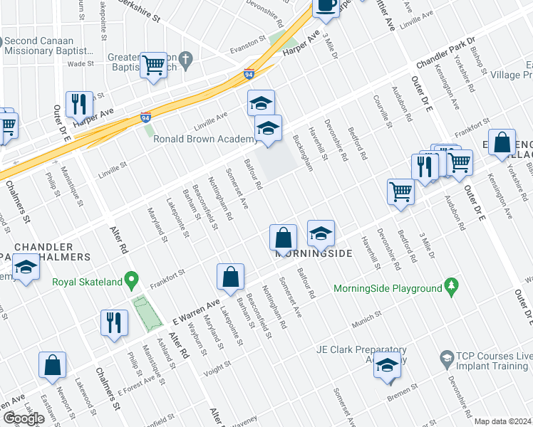 map of restaurants, bars, coffee shops, grocery stores, and more near 5243 Balfour Road in Detroit