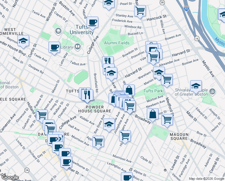 map of restaurants, bars, coffee shops, grocery stores, and more near 601 Boston Avenue in Medford