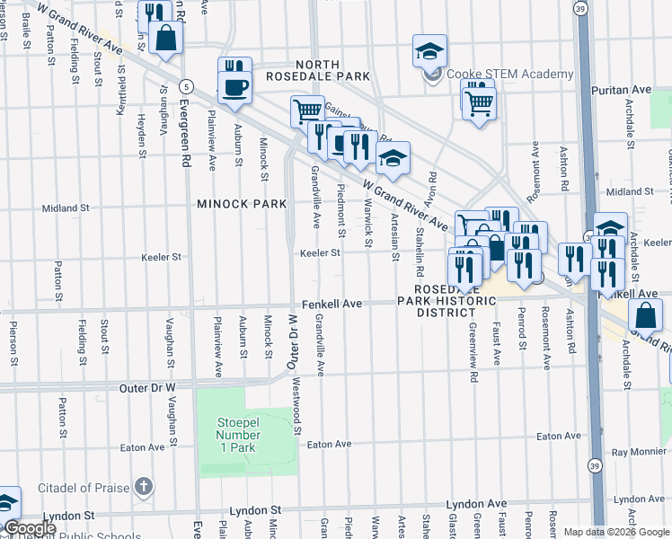 map of restaurants, bars, coffee shops, grocery stores, and more near 15355 Piedmont Street in Detroit
