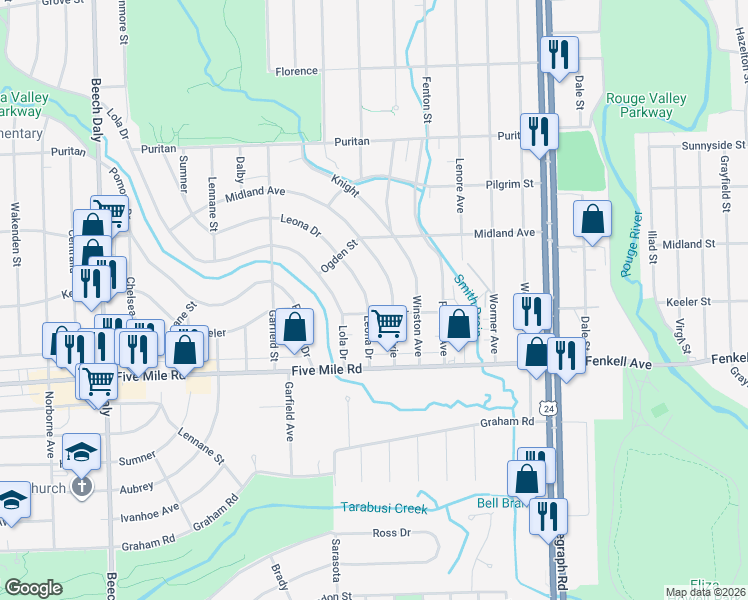 map of restaurants, bars, coffee shops, grocery stores, and more near 15416 Leona Drive in Redford Charter Township