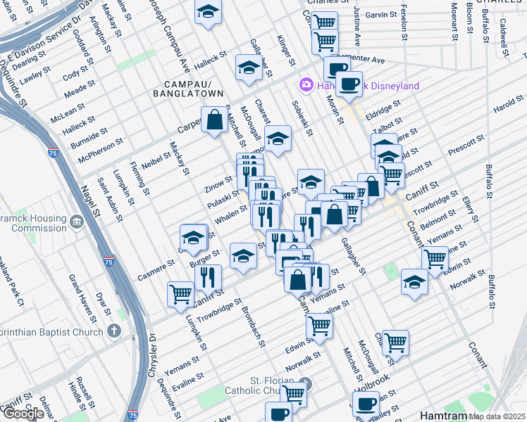 map of restaurants, bars, coffee shops, grocery stores, and more near 11500 Joseph Campau Avenue in Hamtramck