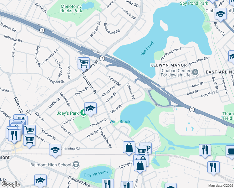 map of restaurants, bars, coffee shops, grocery stores, and more near 303 Cross Street in Belmont