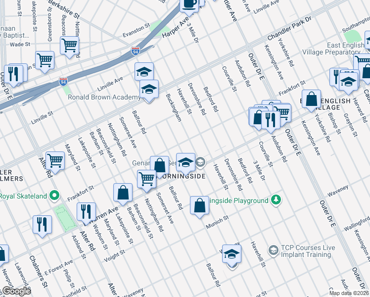 map of restaurants, bars, coffee shops, grocery stores, and more near 5098 Berkshire Street in Detroit