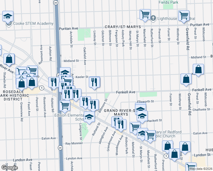 map of restaurants, bars, coffee shops, grocery stores, and more near 15336 Gilchrist Street in Detroit