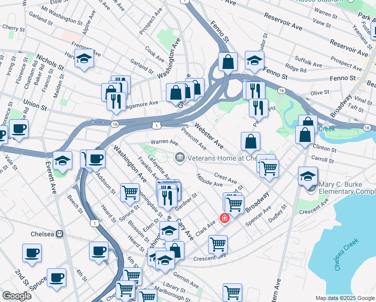 map of restaurants, bars, coffee shops, grocery stores, and more near 122 Warren Avenue in Chelsea