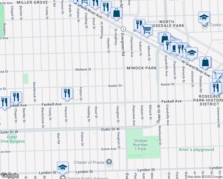 map of restaurants, bars, coffee shops, grocery stores, and more near 15360 Heyden Street in Detroit