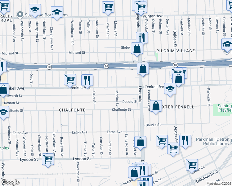 map of restaurants, bars, coffee shops, grocery stores, and more near 7300 Ellsworth Street in Detroit