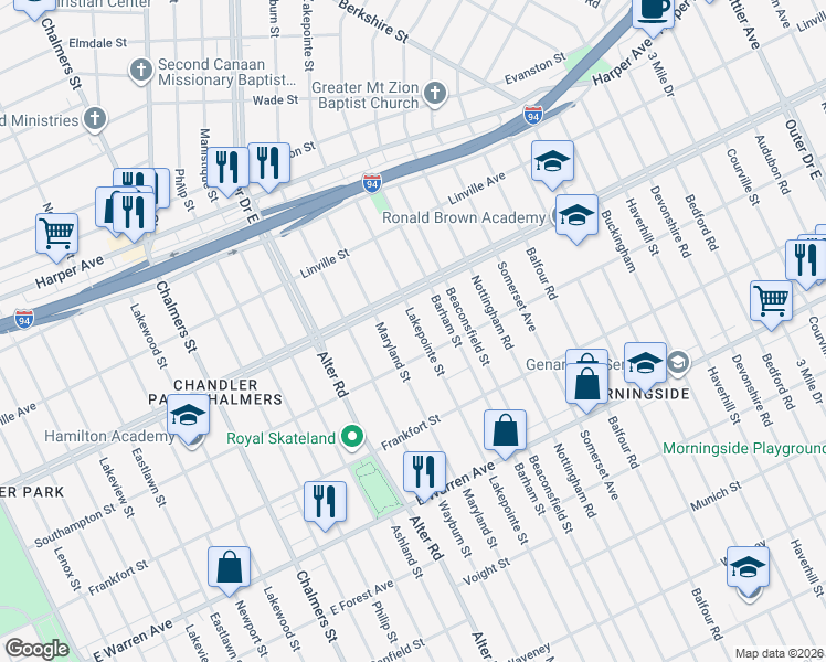 map of restaurants, bars, coffee shops, grocery stores, and more near 5555 Lakepointe Street in Detroit