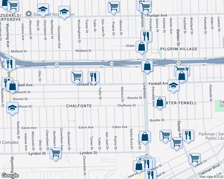 map of restaurants, bars, coffee shops, grocery stores, and more near 7374 Ellsworth Street in Detroit