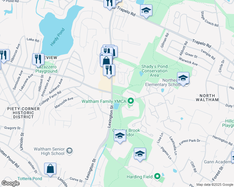 map of restaurants, bars, coffee shops, grocery stores, and more near 35 Bishops Forest Drive in Waltham