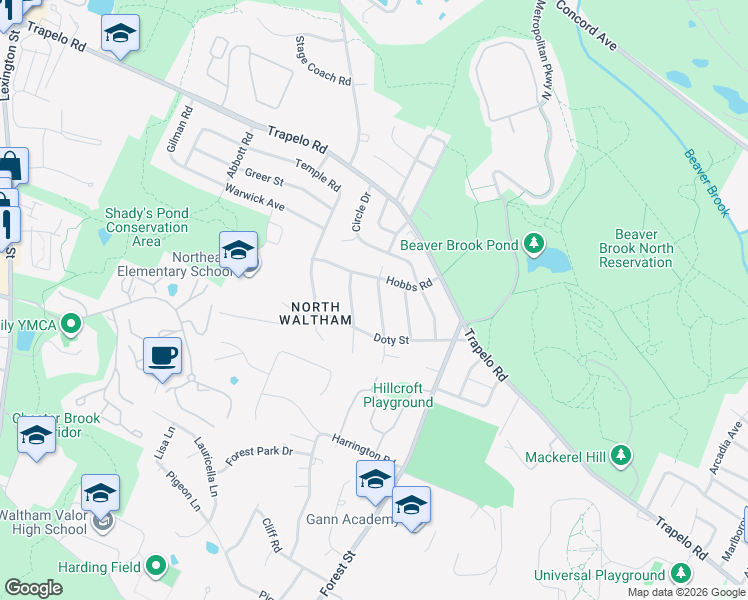 map of restaurants, bars, coffee shops, grocery stores, and more near 155 Marguerite Avenue in Waltham