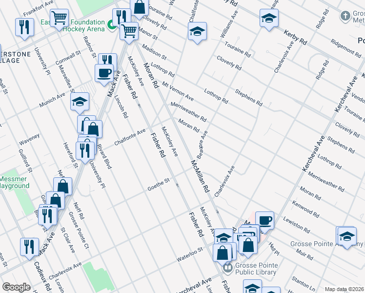 map of restaurants, bars, coffee shops, grocery stores, and more near 333 McMillan Road in Grosse Pointe Farms