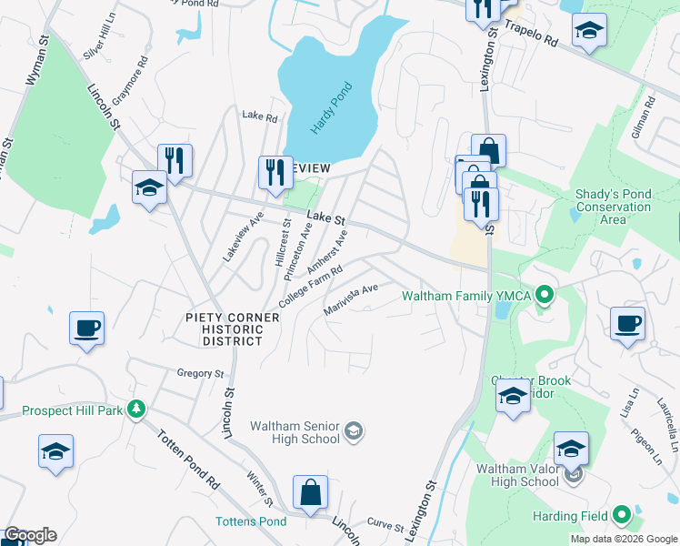 map of restaurants, bars, coffee shops, grocery stores, and more near 194 College Farm Road in Waltham