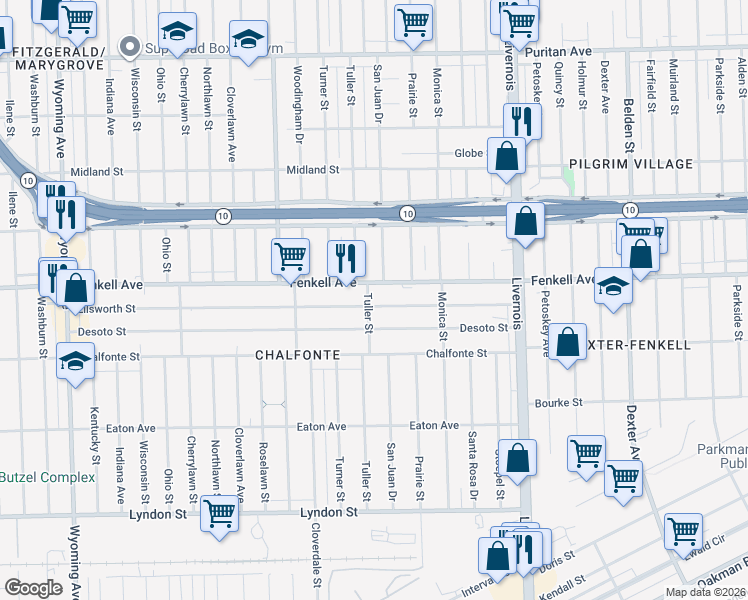map of restaurants, bars, coffee shops, grocery stores, and more near 7458 Ellsworth Street in Detroit