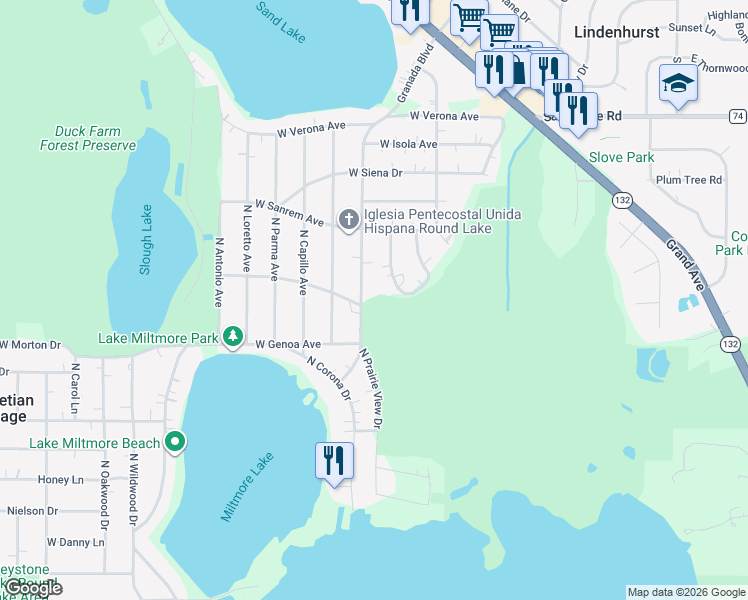 map of restaurants, bars, coffee shops, grocery stores, and more near 37097 Granada Boulevard in Lake Villa