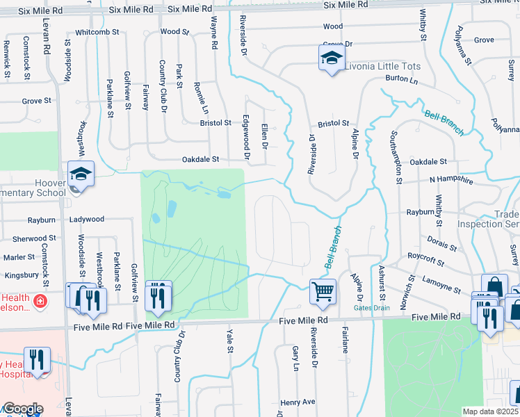 map of restaurants, bars, coffee shops, grocery stores, and more near 15916 Edgewood St in Livonia