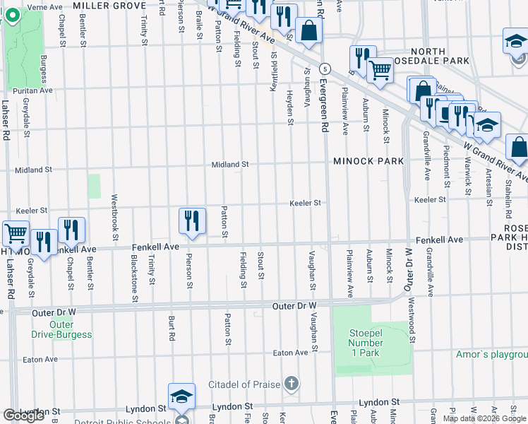 map of restaurants, bars, coffee shops, grocery stores, and more near 15361 Kentfield Street in Detroit