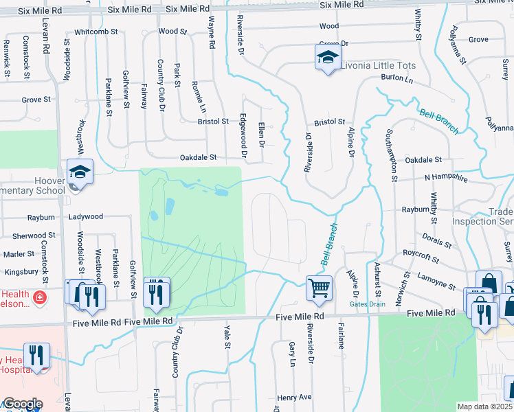 map of restaurants, bars, coffee shops, grocery stores, and more near 15916 Edgewood Street in Livonia