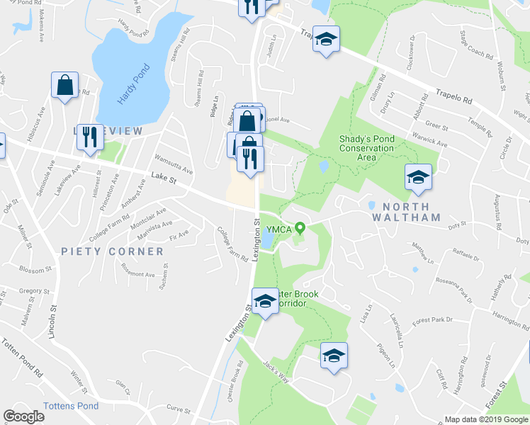 map of restaurants, bars, coffee shops, grocery stores, and more near 30 Bishops Forest Drive in Waltham