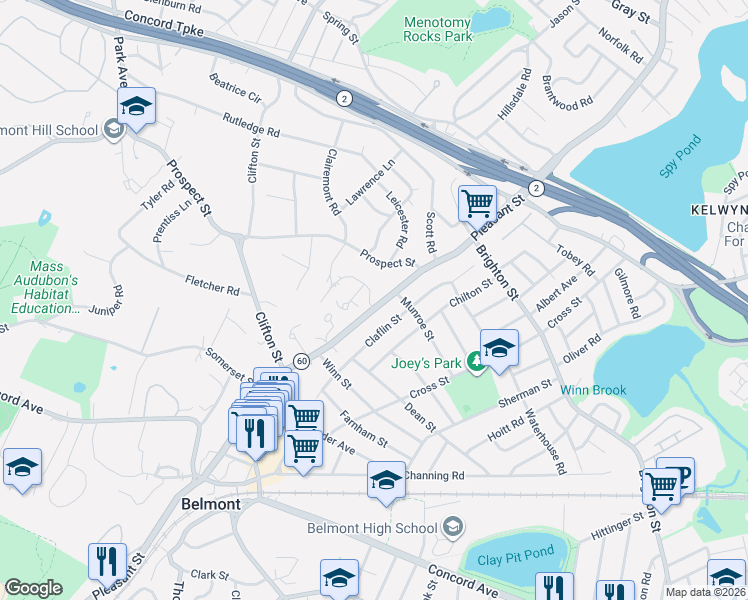 map of restaurants, bars, coffee shops, grocery stores, and more near 5 Stella Road in Belmont