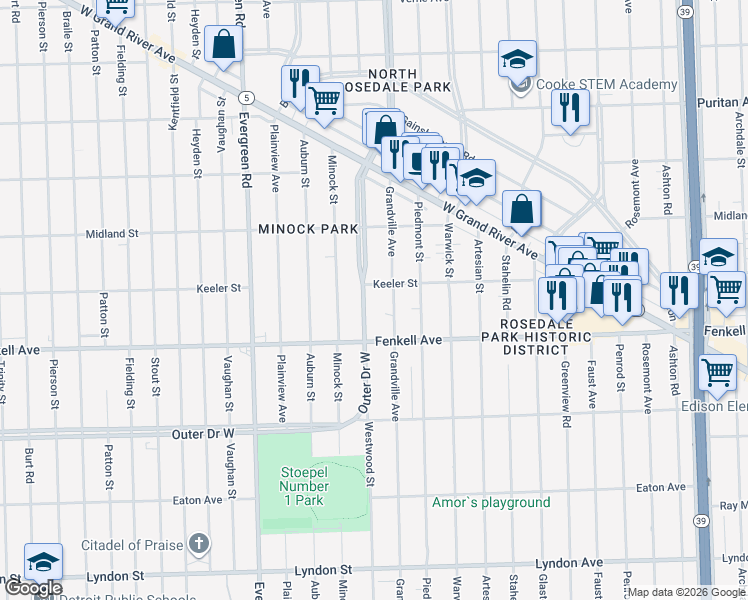 map of restaurants, bars, coffee shops, grocery stores, and more near 9957 Outer Drive West in Detroit