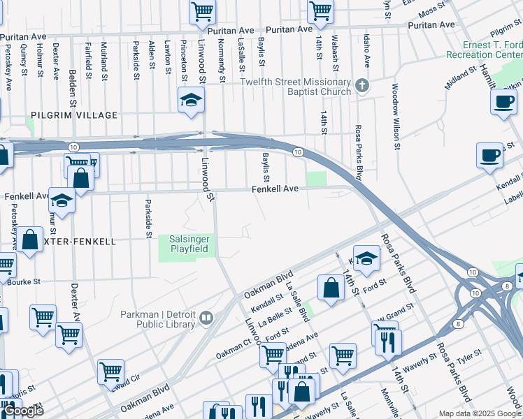 map of restaurants, bars, coffee shops, grocery stores, and more near 15000 La Salle Court in Detroit